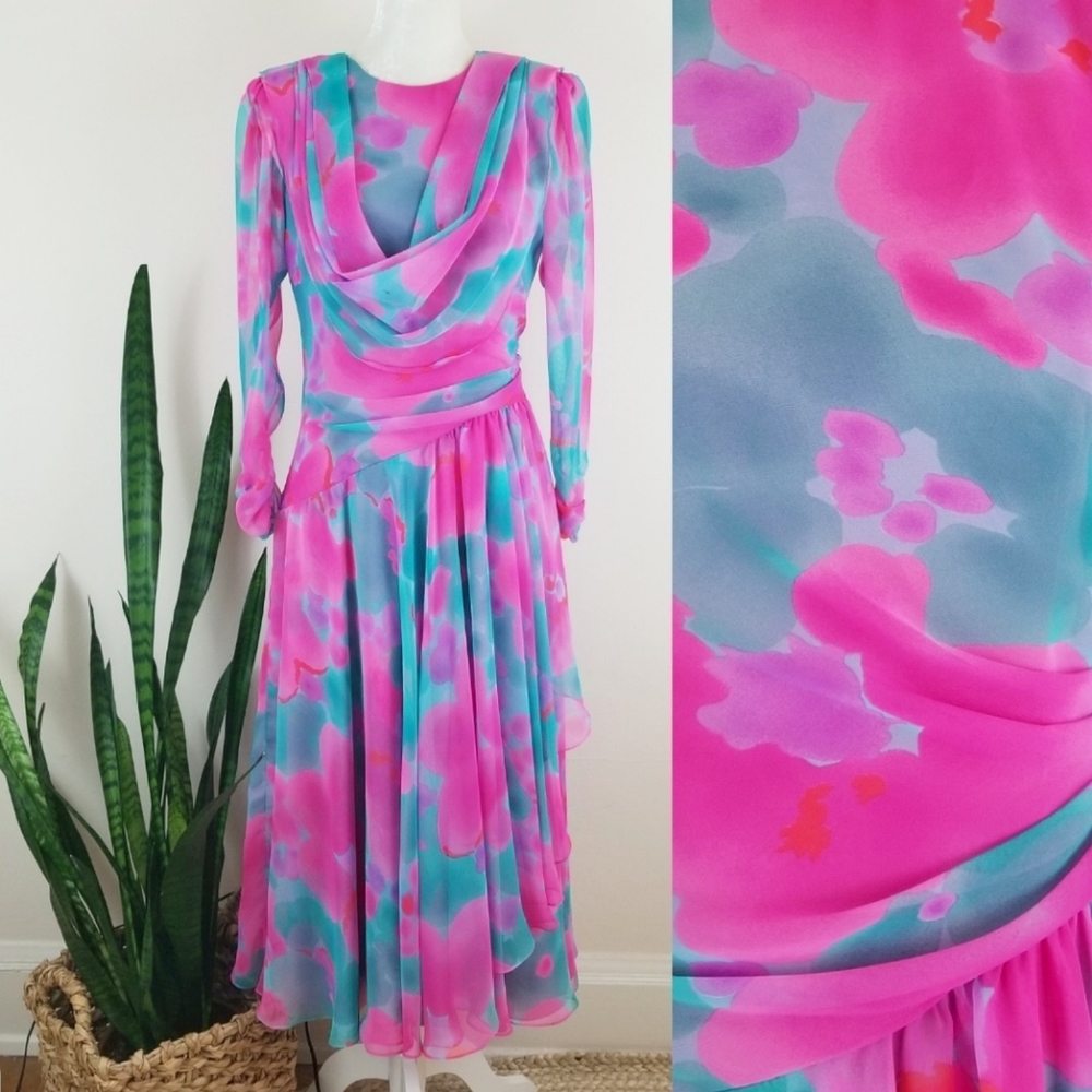 VTG 70s Miss Elliette Watercolor Chiffon Dress